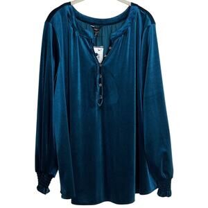 Intro Womens Tunic 2X Dark Teal Velvet Split Neck Long Sleeve Stretch Jewel Tone
